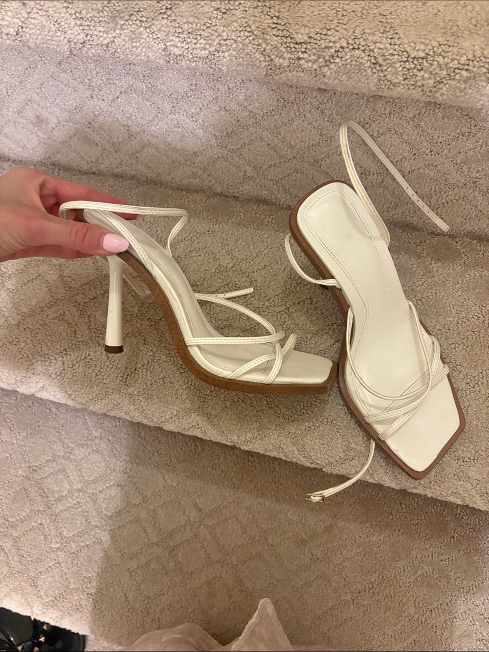Zara White Square-Toe Strappy Stiletto Heels